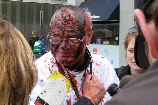During a 2009 Emergency Response Drill at the PATH station, this man was made to look very injured, with a piece of glass sticking out of his head